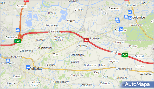 mapa Zakrzów gmina Niepołomice, Zakrzów gmina Niepołomice na mapie Targeo