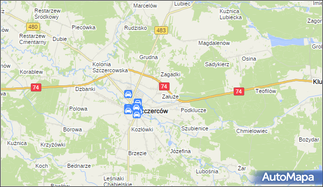 mapa Załuże gmina Szczerców, Załuże gmina Szczerców na mapie Targeo