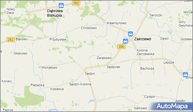 mapa Zarębowo gmina Zakrzewo, Zarębowo gmina Zakrzewo na mapie Targeo