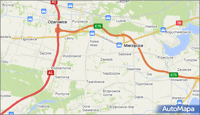 mapa Zawada gmina Mierzęcice, Zawada gmina Mierzęcice na mapie Targeo