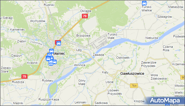 mapa Zawada gmina Połaniec, Zawada gmina Połaniec na mapie Targeo