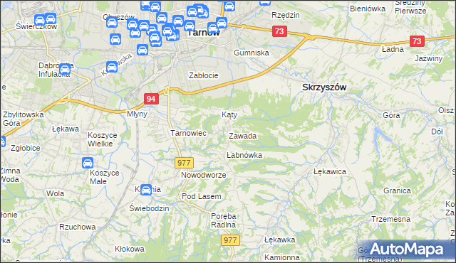 mapa Zawada gmina Tarnów, Zawada gmina Tarnów na mapie Targeo