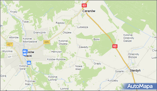 mapa Zawady gmina Ceranów, Zawady gmina Ceranów na mapie Targeo