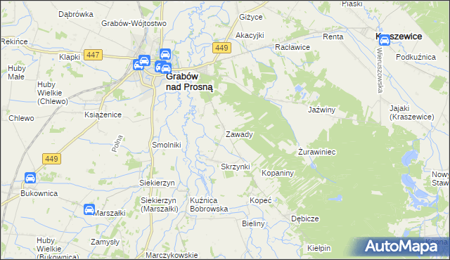 mapa Zawady gmina Grabów nad Prosną, Zawady gmina Grabów nad Prosną na mapie Targeo