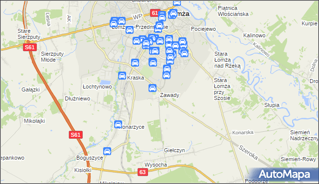 mapa Zawady gmina Łomża, Zawady gmina Łomża na mapie Targeo