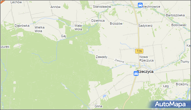 mapa Zawady gmina Rzeczyca, Zawady gmina Rzeczyca na mapie Targeo