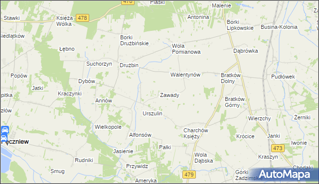 mapa Zawady gmina Zadzim, Zawady gmina Zadzim na mapie Targeo