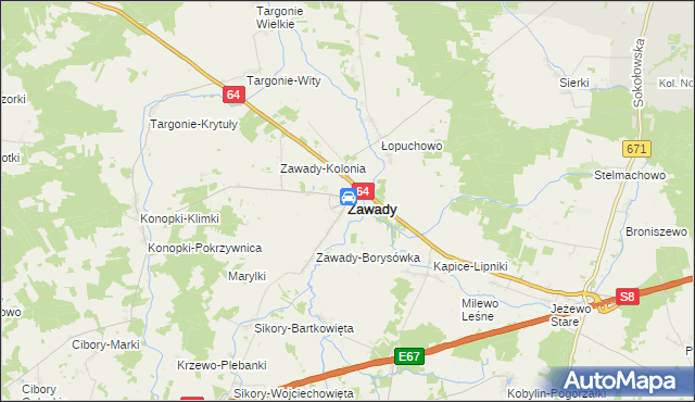 mapa Zawady powiat białostocki, Zawady powiat białostocki na mapie Targeo