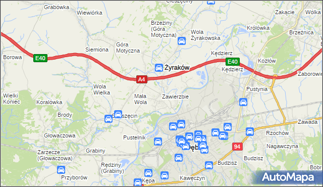 mapa Zawierzbie gmina Żyraków, Zawierzbie gmina Żyraków na mapie Targeo