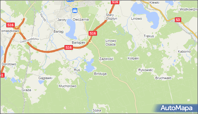 mapa Zazdrość gmina Stawiguda, Zazdrość gmina Stawiguda na mapie Targeo