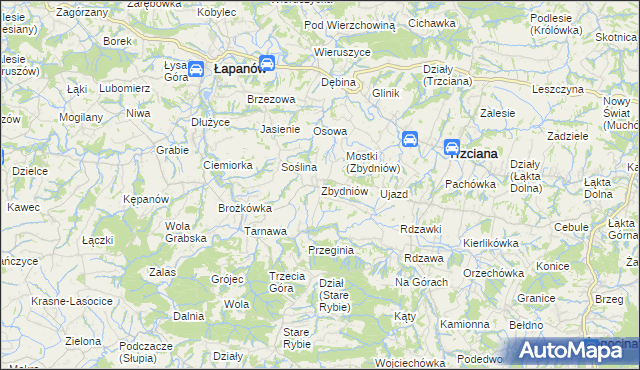 mapa Zbydniów gmina Łapanów, Zbydniów gmina Łapanów na mapie Targeo