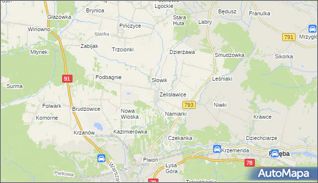 mapa Żelisławice gmina Siewierz, Żelisławice gmina Siewierz na mapie Targeo