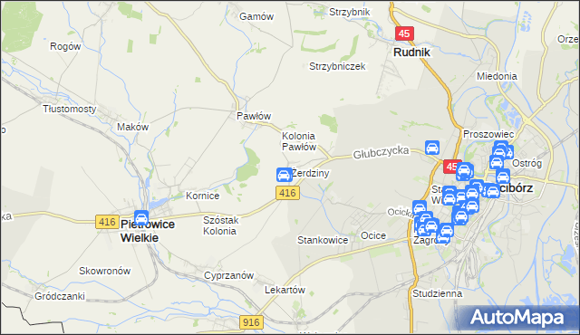 mapa Żerdziny gmina Pietrowice Wielkie, Żerdziny gmina Pietrowice Wielkie na mapie Targeo