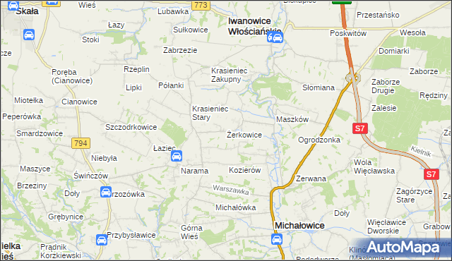 mapa Żerkowice gmina Iwanowice, Żerkowice gmina Iwanowice na mapie Targeo