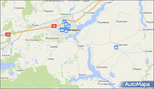 mapa Zieleń gmina Trzemeszno, Zieleń gmina Trzemeszno na mapie Targeo