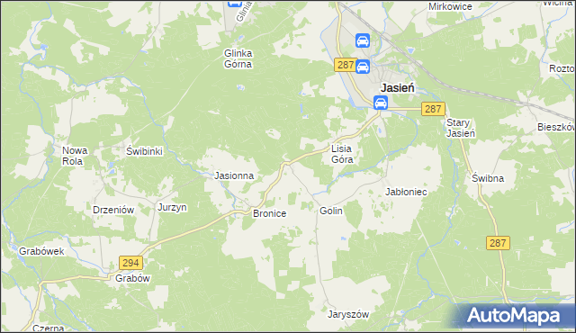 mapa Zieleniec gmina Jasień, Zieleniec gmina Jasień na mapie Targeo