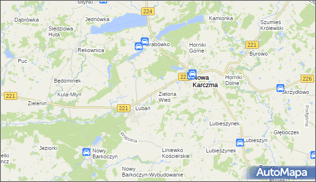 mapa Zielona Wieś gmina Nowa Karczma, Zielona Wieś gmina Nowa Karczma na mapie Targeo