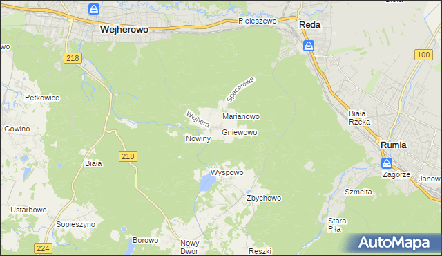 mapa Gniewowo gmina Wejherowo, Gniewowo gmina Wejherowo na mapie Targeo