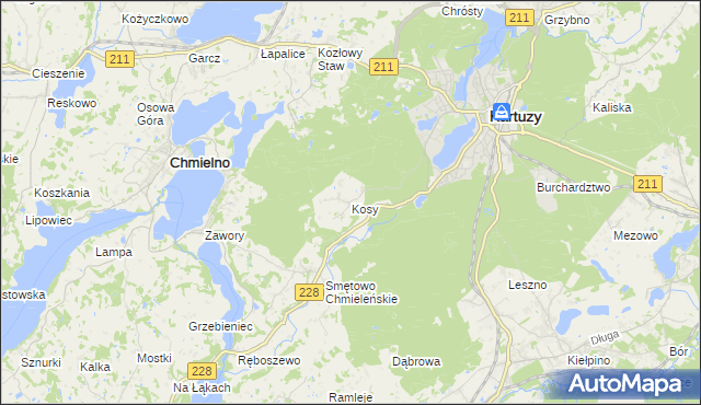 mapa Kosy gmina Kartuzy, Kosy gmina Kartuzy na mapie Targeo