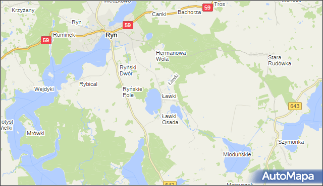 mapa Ławki gmina Ryn, Ławki gmina Ryn na mapie Targeo