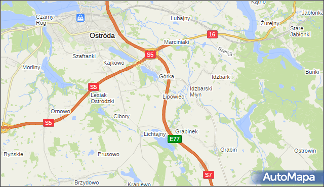 mapa Lipowiec gmina Ostróda, Lipowiec gmina Ostróda na mapie Targeo