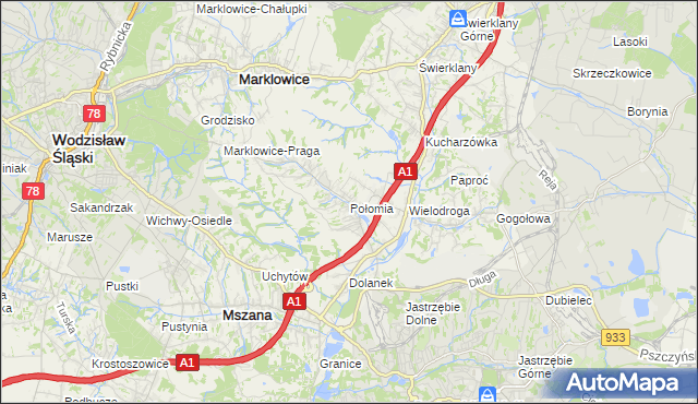 mapa Połomia gmina Mszana, Połomia gmina Mszana na mapie Targeo