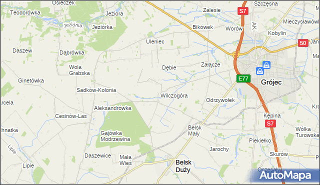 mapa Wilczogóra gmina Belsk Duży, Wilczogóra gmina Belsk Duży na mapie Targeo