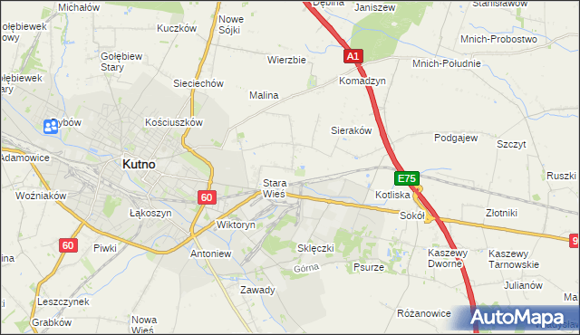 mapa Bielawki gmina Kutno, Bielawki gmina Kutno na mapie Targeo