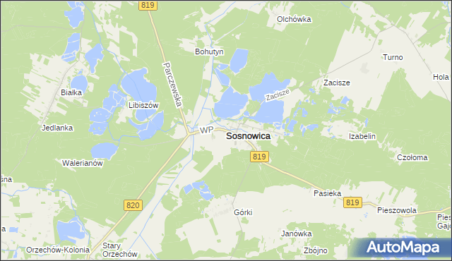 mapa Sosnowica powiat parczewski, Sosnowica powiat parczewski na mapie Targeo