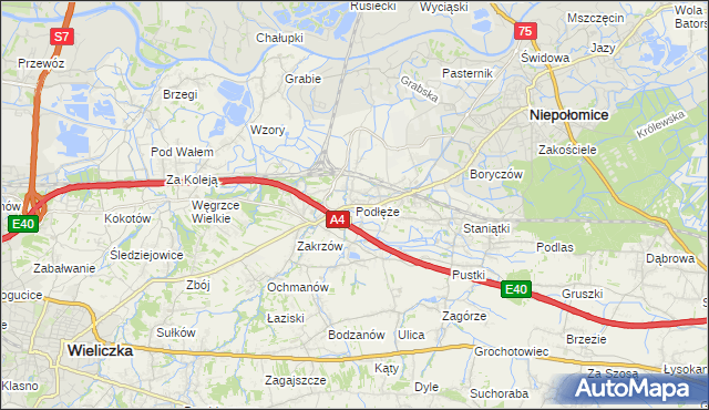 mapa Podłęże gmina Niepołomice, Podłęże gmina Niepołomice na mapie Targeo