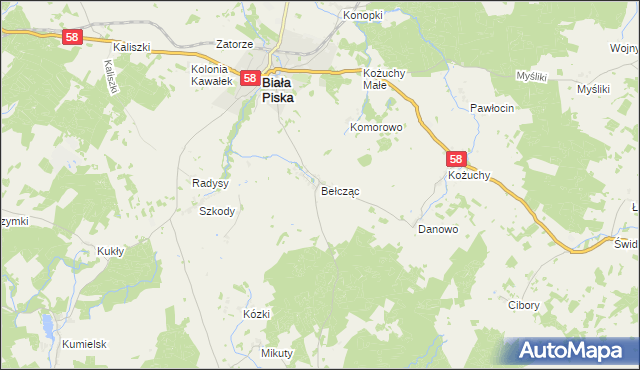 mapa Bełcząc gmina Biała Piska, Bełcząc gmina Biała Piska na mapie Targeo