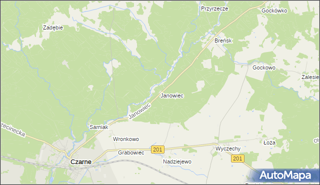 mapa Janowiec gmina Czarne, Janowiec gmina Czarne na mapie Targeo