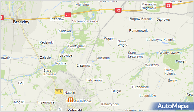 mapa Jeziorko gmina Koluszki, Jeziorko gmina Koluszki na mapie Targeo
