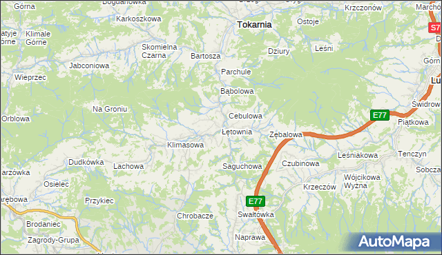 mapa Łętownia gmina Jordanów, Łętownia gmina Jordanów na mapie Targeo