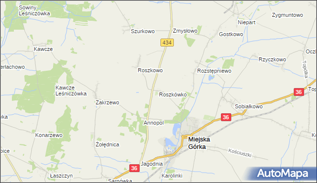 mapa Roszkówko gmina Miejska Górka, Roszkówko gmina Miejska Górka na mapie Targeo