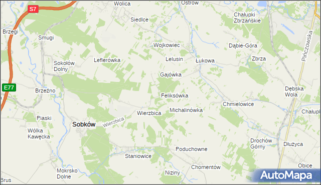 mapa Feliksówka gmina Sobków, Feliksówka gmina Sobków na mapie Targeo