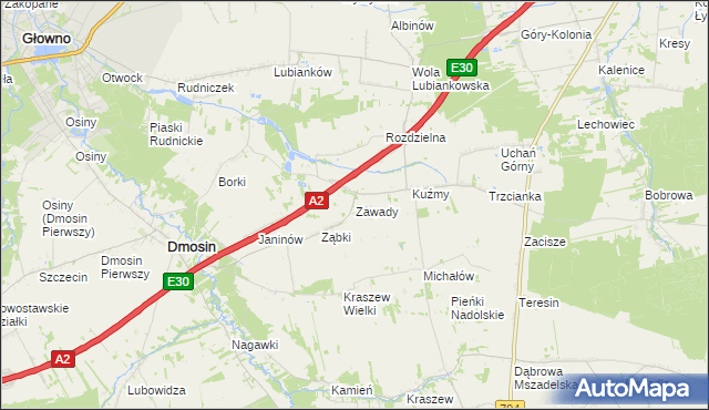 mapa Zawady gmina Dmosin, Zawady gmina Dmosin na mapie Targeo