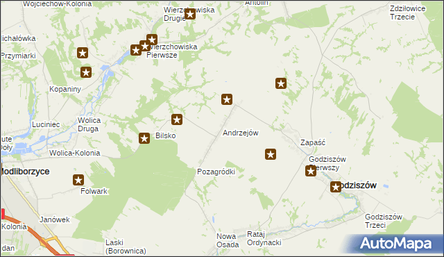 mapa Andrzejów gmina Godziszów, Andrzejów gmina Godziszów na mapie Targeo