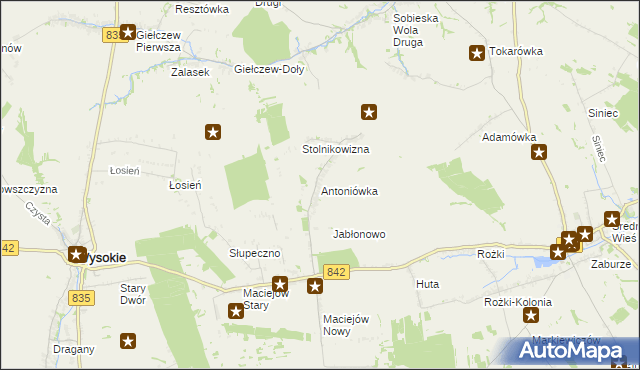 mapa Antoniówka gmina Wysokie, Antoniówka gmina Wysokie na mapie Targeo