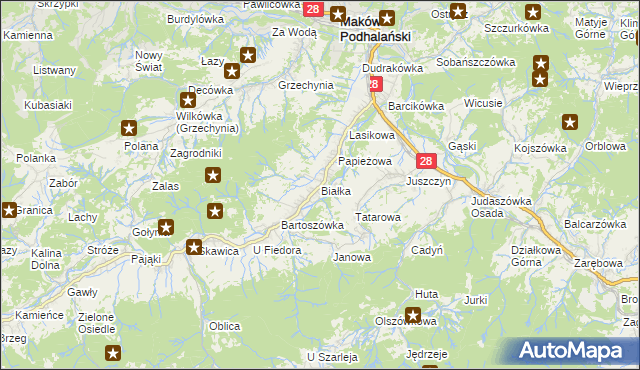 mapa Białka gmina Maków Podhalański, Białka gmina Maków Podhalański na mapie Targeo