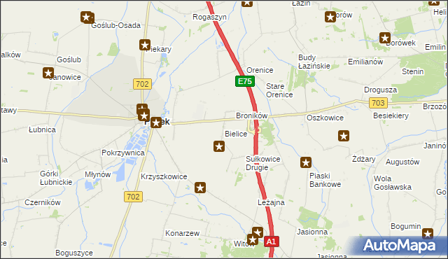 mapa Bielice gmina Piątek, Bielice gmina Piątek na mapie Targeo