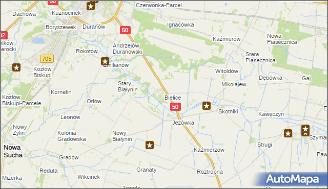 mapa Bielice gmina Sochaczew, Bielice gmina Sochaczew na mapie Targeo