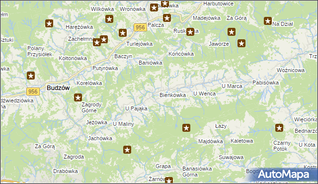 mapa Bieńkówka gmina Budzów, Bieńkówka gmina Budzów na mapie Targeo