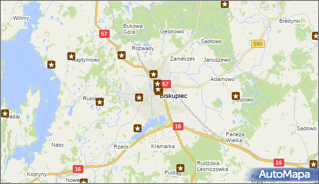 mapa Biskupiec powiat olsztyński, Biskupiec powiat olsztyński na mapie Targeo