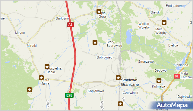 mapa Bobrowiec gmina Smętowo Graniczne, Bobrowiec gmina Smętowo Graniczne na mapie Targeo