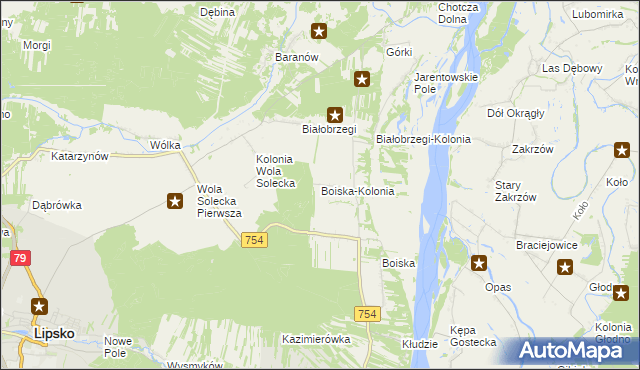 mapa Boiska-Kolonia gmina Solec nad Wisłą, Boiska-Kolonia gmina Solec nad Wisłą na mapie Targeo