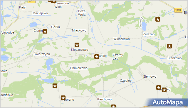 mapa Bojanice gmina Krzemieniewo, Bojanice gmina Krzemieniewo na mapie Targeo