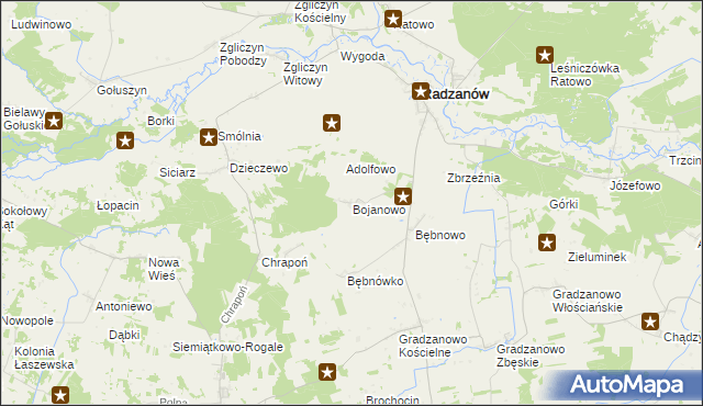 mapa Bojanowo gmina Radzanów, Bojanowo gmina Radzanów na mapie Targeo