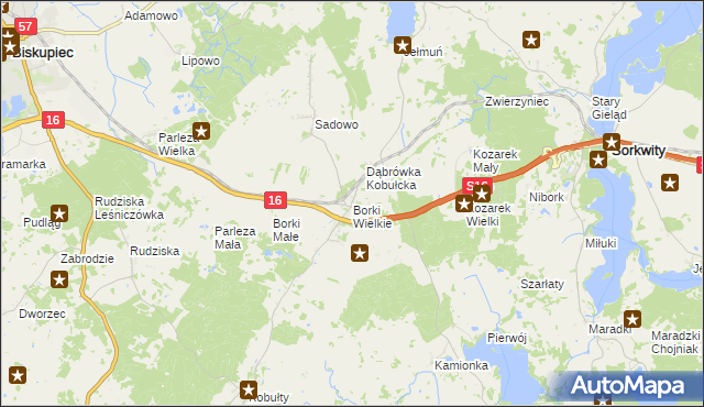 mapa Borki Wielkie gmina Biskupiec, Borki Wielkie gmina Biskupiec na mapie Targeo