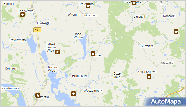 mapa Boże gmina Mrągowo, Boże gmina Mrągowo na mapie Targeo